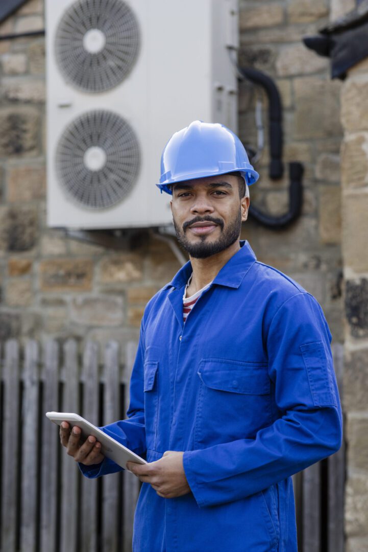 Worker in blue uniform and helmet holding a tablet.